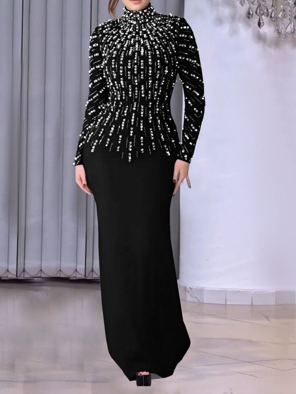 Pearl Detail Mock Neck Maxi Dress
